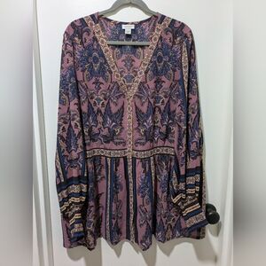 Avenue Long Sleeve Abstract Floral Print Purple, Blue and Peach Colors.